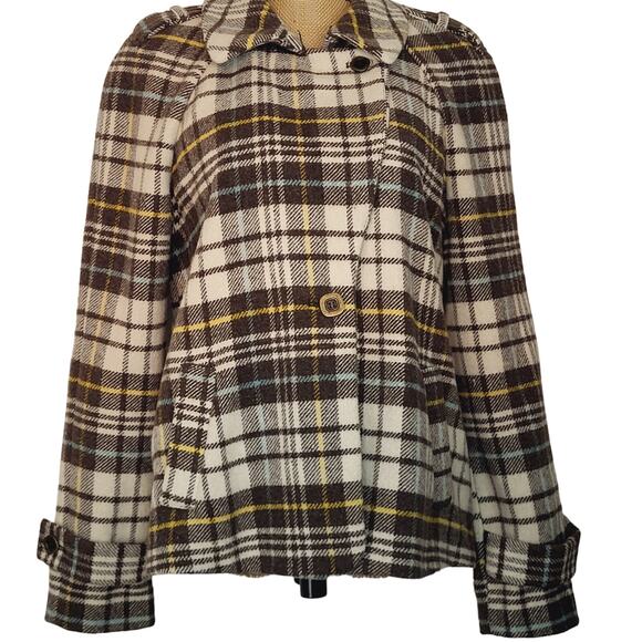 Charter Club Y2K Brown Plaid Wool Blend Short Swing Pea Coat Raglan Sleeves Sz L - Picture 4 of 15